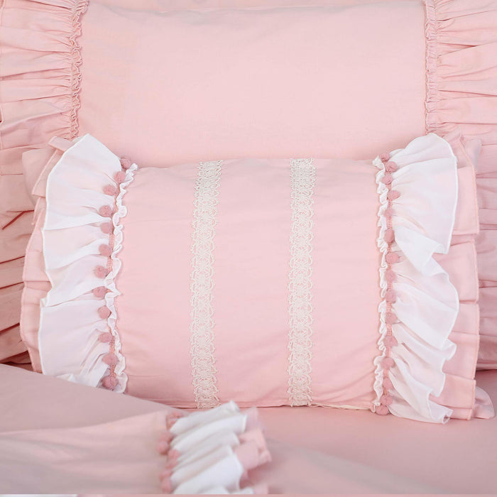 1-Pack Trimmed and Frilled Pillowcases with Lace Ruffles and Pom-poms Elegant Style Pillow Covers Envelope Closure Cotton Fabric,YK-119T Dried Rose