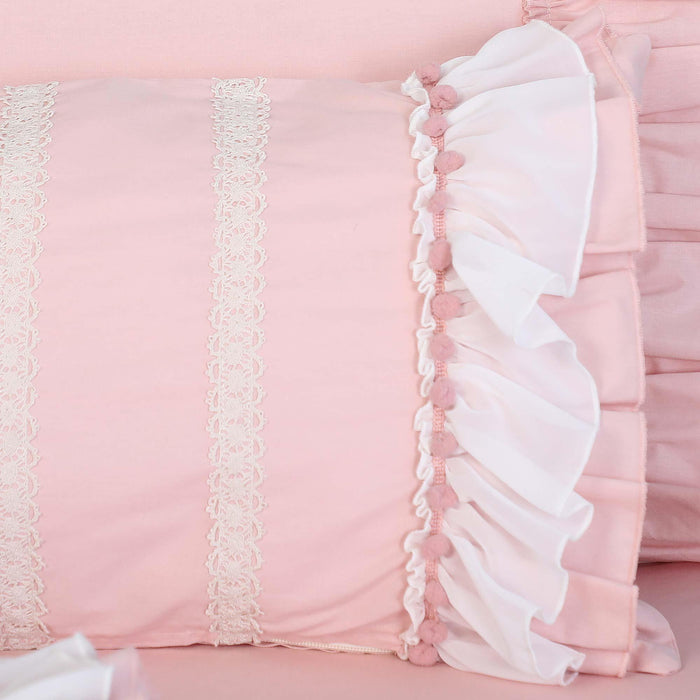 1-Pack Trimmed and Frilled Pillowcases with Lace Ruffles and Pom-poms Elegant Style Pillow Covers Envelope Closure Cotton Fabric,YK-119T Dried Rose