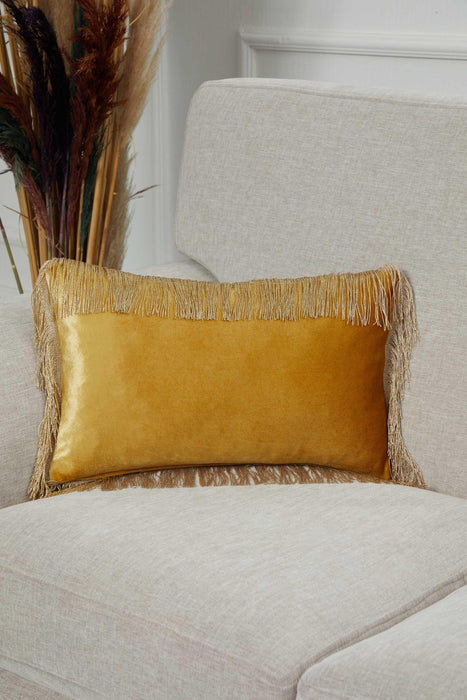 20x12 Quilted Velvet Long Fringes Throw Pillow Cover, Large Decorative Pillow Cover for Housewarming Gift, Modern Fringe Lumbar Pillow,K-354 Mustard Yellow