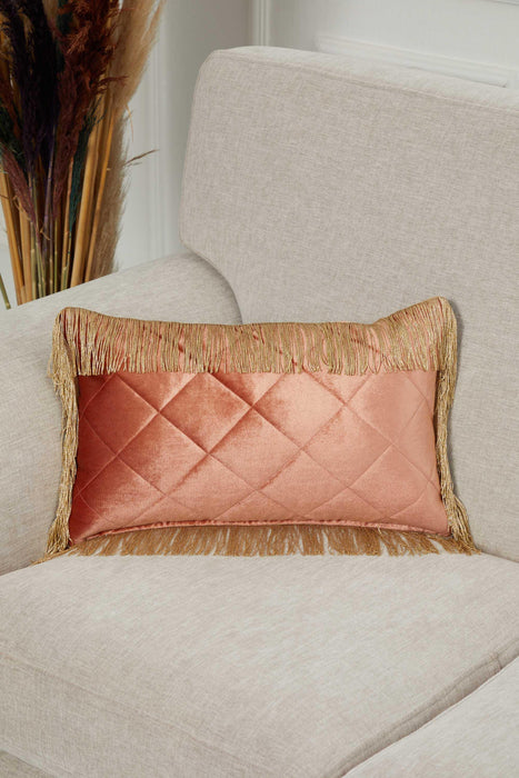 20x12 Quilted Velvet Long Fringes Throw Pillow Cover, Large Decorative Pillow Cover for Housewarming Gift, Modern Fringe Lumbar Pillow,K-354 Salmon