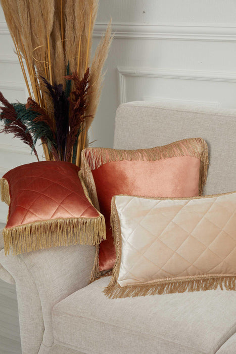 20x12 Quilted Velvet Long Fringes Throw Pillow Cover, Large Decorative Pillow Cover for Housewarming Gift, Modern Fringe Lumbar Pillow,K-354 Salmon