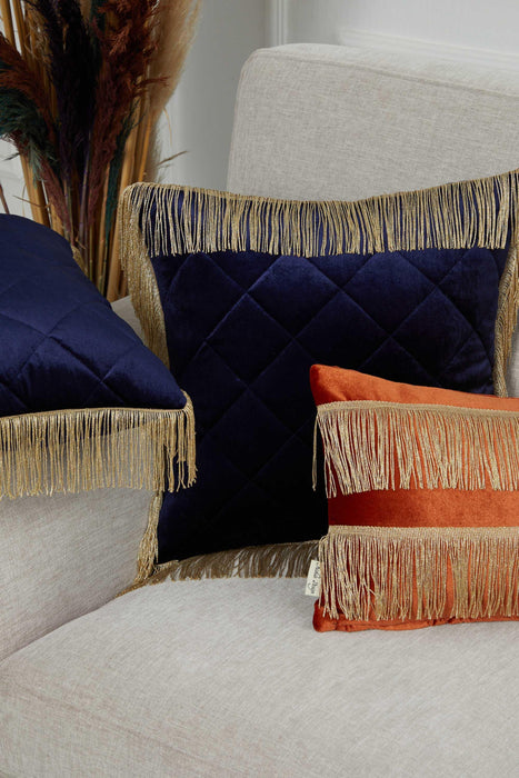 20x12 Quilted Velvet Long Fringes Throw Pillow Cover, Large Decorative Pillow Cover for Housewarming Gift, Modern Fringe Lumbar Pillow,K-354 Navy Blue