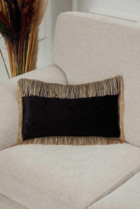 20x12 Quilted Velvet Long Fringes Throw Pillow Cover, Large Decorative Pillow Cover for Housewarming Gift, Modern Fringe Lumbar Pillow,K-354 Black