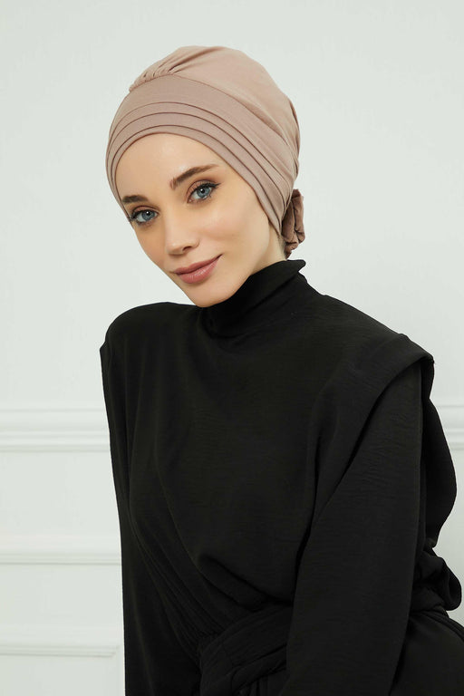 Pleated Instant Turban made from High Quality Combed Cotton, Comfortable Pre-Tied Turban Hijab, Flexible Chemo Cancer Bonnet Headwear,B-74 Mink