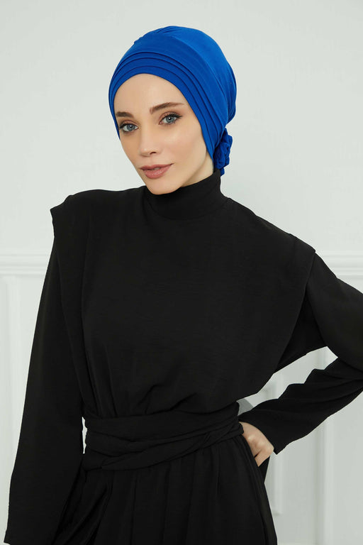 Pleated Instant Turban made from High Quality Combed Cotton, Comfortable Pre-Tied Turban Hijab, Flexible Chemo Cancer Bonnet Headwear,B-74 Sax Blue