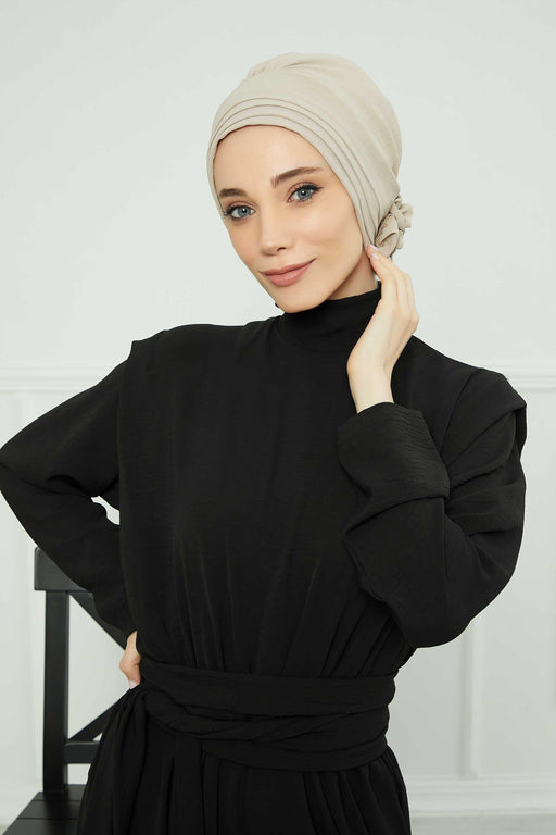 Pleated Instant Turban made from High Quality Aerobin Fabric, Wrinkle-Resistant Stylish Turban Hijab, Easy Wrap Chemo Bonnet Headwear,B-74A Beige