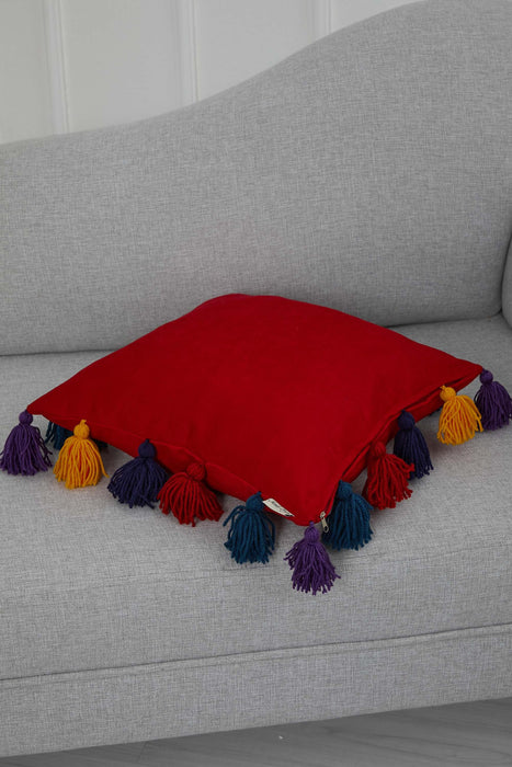 Boho Tasseled Throw Pillow Cover made from Knit Fabric, 18x18 Inches Elegant Throw Pillow Cover with Colourful Tassels on the Edges,K-280 Red
