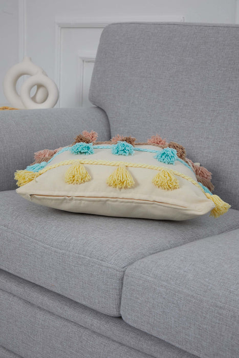 Boho Decorative Throw Pillow Cover with Plenty of Colourful Tassels, 18x18 Inches Chic Couch Pillowcase for Modern Living Room Design,K-282 Ivory - Blue