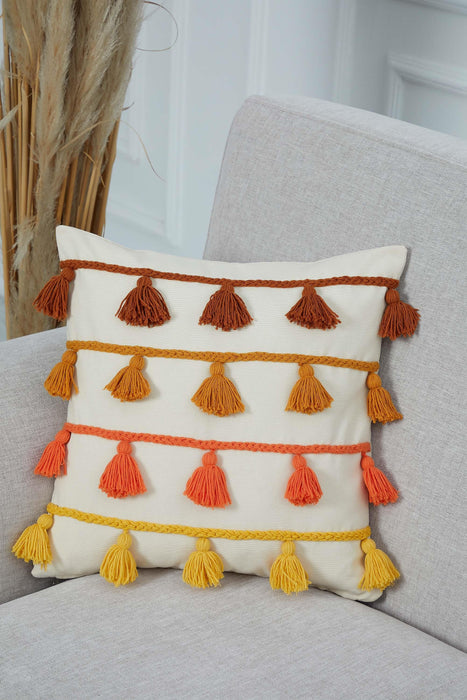 Boho Decorative Throw Pillow Cover with Plenty of Colourful Tassels, 18x18 Inches Chic Couch Pillowcase for Modern Living Room Design,K-282 Ivory - Orange