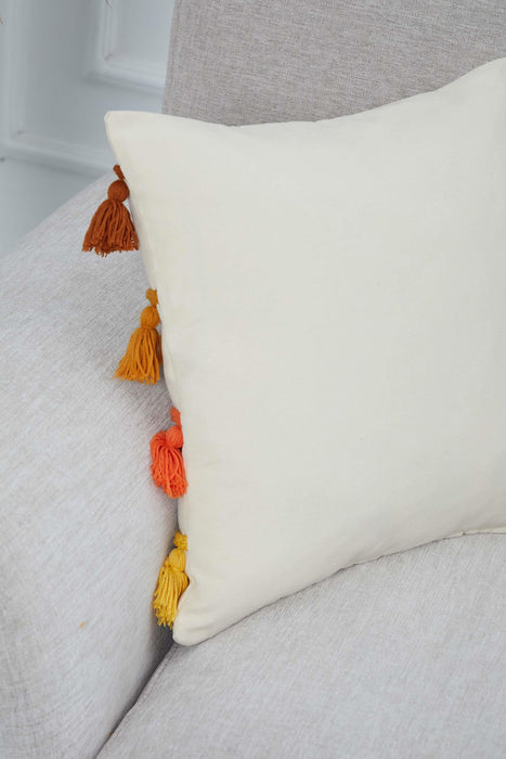 Boho Decorative Throw Pillow Cover with Plenty of Colourful Tassels, 18x18 Inches Chic Couch Pillowcase for Modern Living Room Design,K-282 Ivory - Orange