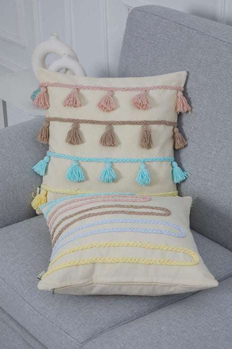 Boho Decorative Throw Pillow Cover with Beautiful Knitted Figures, 18x18 Inches Chic and Modern Couch Pillow Cover for Living Rooms,K-283 Ivory - Blue