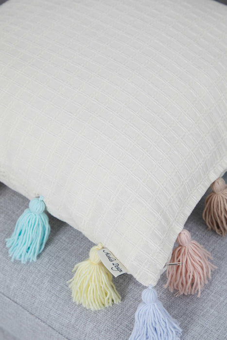 Solid Throw Pillow Cover with Colourful Tassels, 18x18 Inches Chic Cushion Cover with Many Tassels, Decorative Pillow for Modern Homes,K-284 Ivory-Blue
