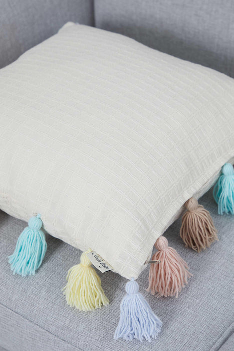 Solid Throw Pillow Cover with Colourful Tassels, 18x18 Inches Chic Cushion Cover with Many Tassels, Decorative Pillow for Modern Homes,K-284 Ivory-Blue