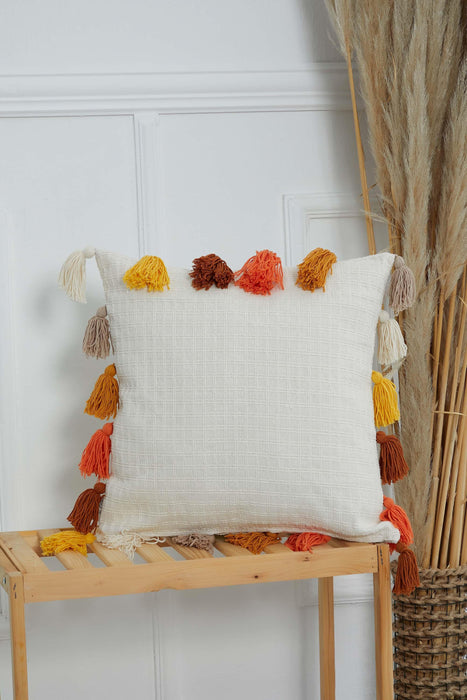 Solid Throw Pillow Cover with Colourful Tassels, 18x18 Inches Chic Cushion Cover with Many Tassels, Decorative Pillow for Modern Homes,K-284 Ivory-Orange