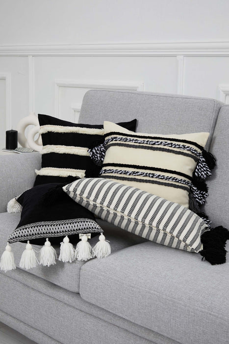 Tasseled Throw Pillow Cover with Beautiful Knitted Motifs, 20x12 Inches Solid Cushion Cover with Big Tassels, Couch Pillow Cover Decor,K-285 Black