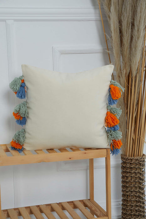 Canvas Throw Pillow Cover with Colourful Knitted Tassels, 18x18 Inches Stylish Cushion Cover for Modern Home Decorations,K-287 Ivory
