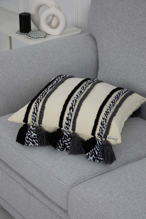 Handicraft Canvas Throw Pillow Cover with Knitted Tassels, 18x18 Inches Cushion Cover for Modern Living Rooms, Stylish Pillow Cover,K-288 Ivory