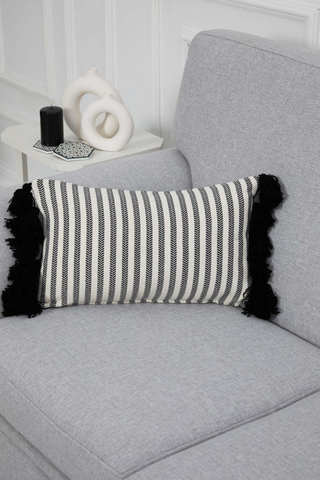 Black Tasseled Cotton Pillow Cover with Striped Design, 20x12 Inches Decorative Cushion Cover made with Anatolian Peshtemal Texture,K-292 Striped Pattern