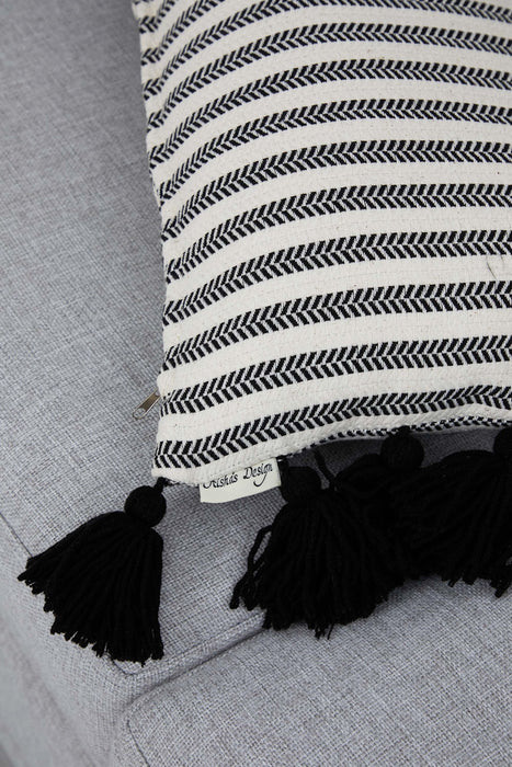 Black Tasseled Cotton Pillow Cover with Striped Design, 20x12 Inches Decorative Cushion Cover made with Anatolian Peshtemal Texture,K-292 Striped Pattern