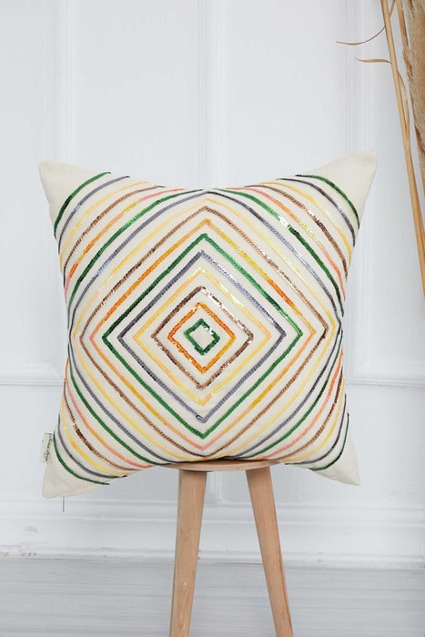 Geometric Sequined Pillow Cover, Decorative 18x18 Inches Throw Pillow, Modern Cushion Cover with Handicraft Accessories,K-290 Ivory