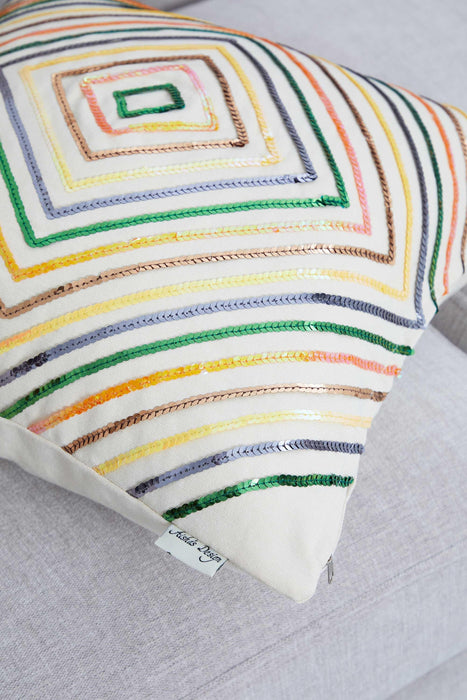 Geometric Sequined Pillow Cover, Decorative 18x18 Inches Throw Pillow, Modern Cushion Cover with Handicraft Accessories,K-290 Ivory