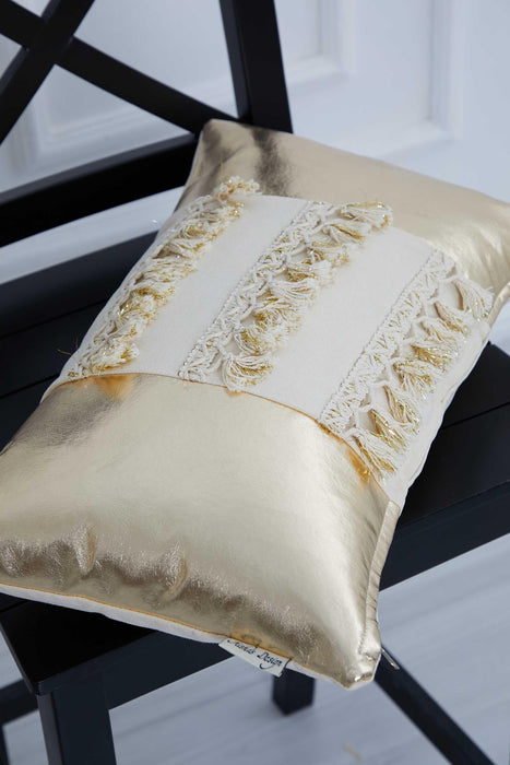 غطاء وسادة من الجلد الذهبي الفاخر مع تفاصيل شرابة جميلة، مقاس 20x12 بوصة ديكور وسادة ذهبي حديث للتصميمات الداخلية، K-294