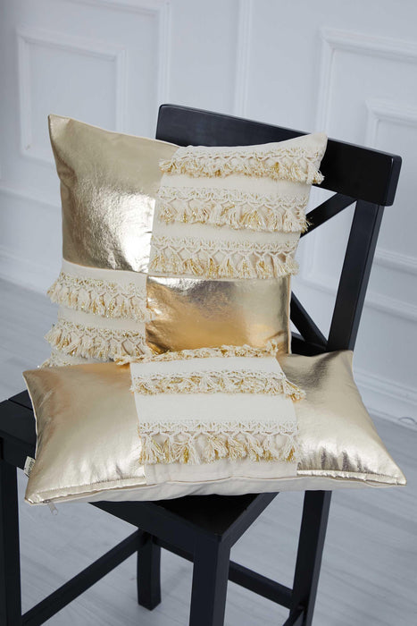 غطاء وسادة من الجلد الذهبي الفاخر مع تفاصيل شرابة جميلة، مقاس 20x12 بوصة ديكور وسادة ذهبي حديث للتصميمات الداخلية، K-294