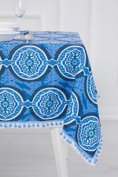 Boho Large Pom Pom Tablecloth with Beautiful Pattern Options, Aqua Paisley Modern Tablecloth, Vintage-Inspired Rectangle Table Cover,M-13K Suzani Pattern 54