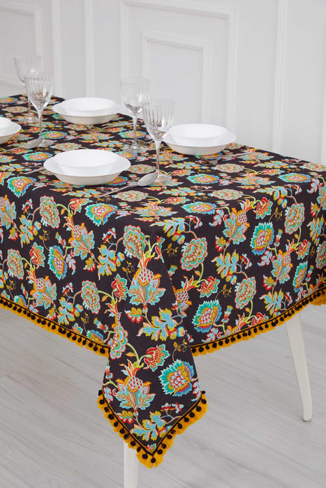 Boho Large Pom Pom Tablecloth with Beautiful Pattern Options, Aqua Paisley Modern Tablecloth, Vintage-Inspired Rectangle Table Cover,M-13K Suzani Pattern 71