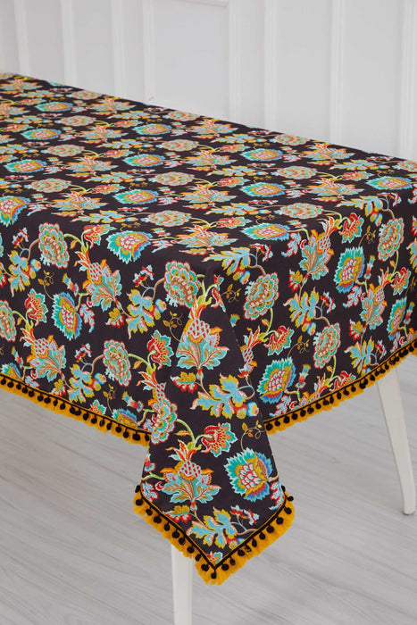 Boho Large Pom Pom Tablecloth with Beautiful Pattern Options, Aqua Paisley Modern Tablecloth, Vintage-Inspired Rectangle Table Cover,M-13K Suzani Pattern 71