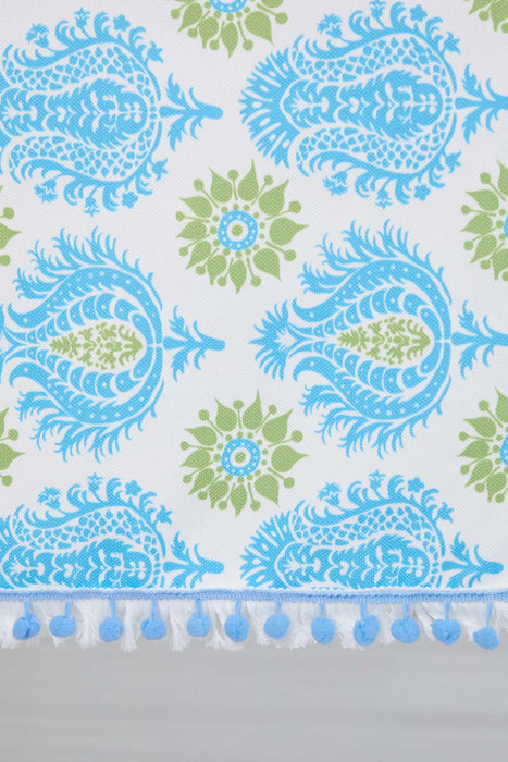 Boho Large Pom Pom Tablecloth with Beautiful Pattern Options, Aqua Paisley Modern Tablecloth, Vintage-Inspired Rectangle Table Cover,M-13K Suzani Pattern 73