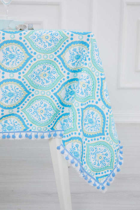 Boho Large Pom Pom Tablecloth with Beautiful Pattern Options, Aqua Paisley Modern Tablecloth, Vintage-Inspired Rectangle Table Cover,M-13K Suzani Pattern 89