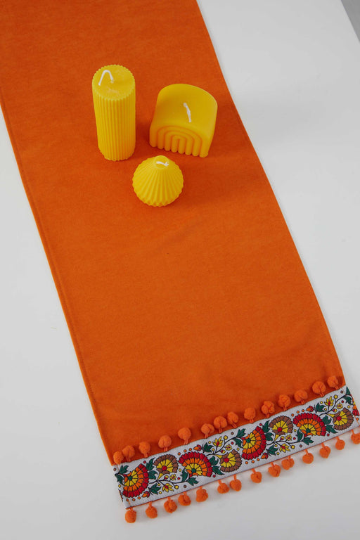Printed Polyester Table Runner with Handmade Pom-poms 30 x 90 cm Handicraft Table Cloth for Dinner Table, Parties, Home Decoration,R-64K Orange