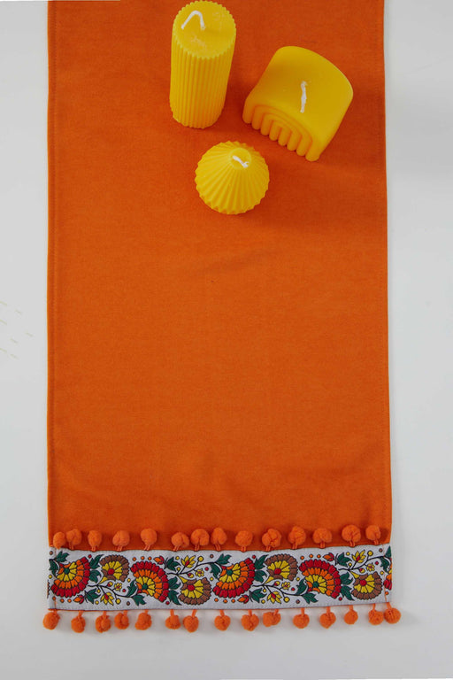 Printed Polyester Table Runner with Handmade Pom-poms 30 x 90 cm Handicraft Table Cloth for Dinner Table, Parties, Home Decoration,R-64K Orange