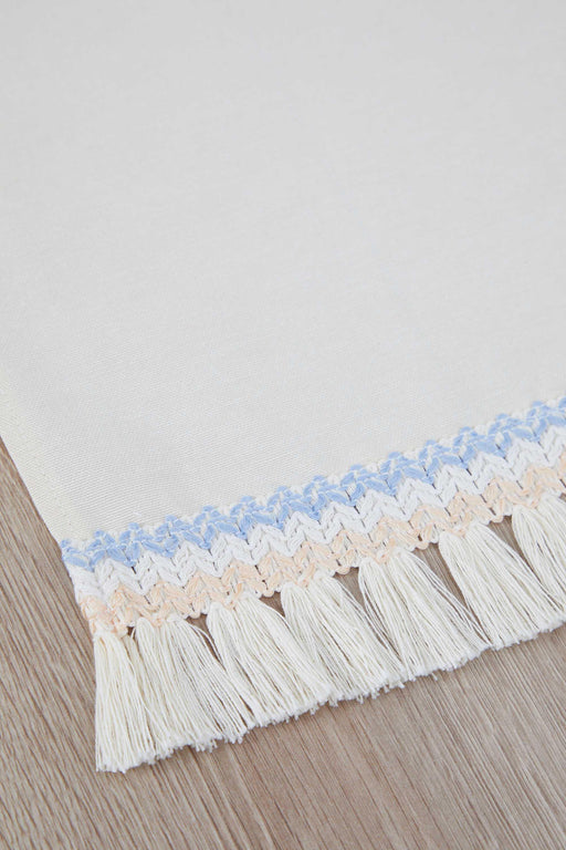Printed Polyester Table Runner with Handmade Pom-poms 30 x 90 cm Handicraft Table Cloth for Dinner Table, Parties, Home Decoration,R-65K Ivory - Blue