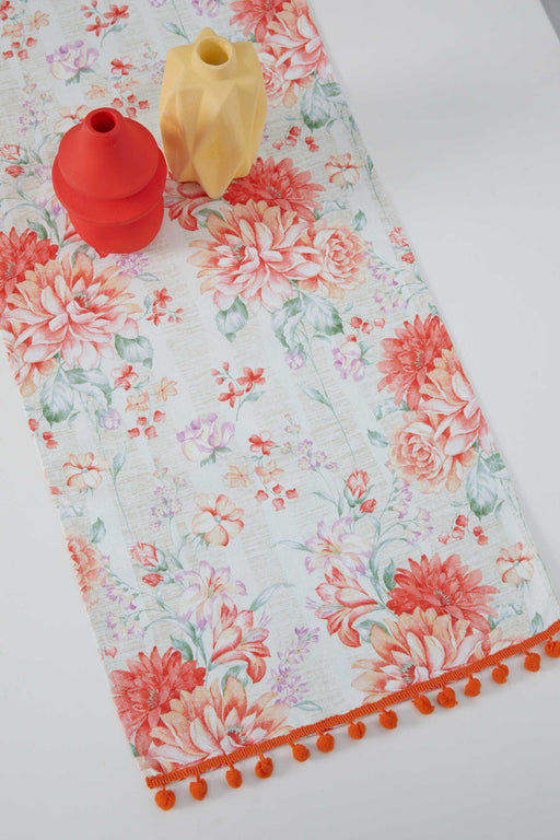 Printed Polyester Table Runner with Handmade Pom-poms 30 x 90 cm Handicraft Table Cloth for Dinner Table, Parties, Home Decoration,R-66K Suzani Pattern 64