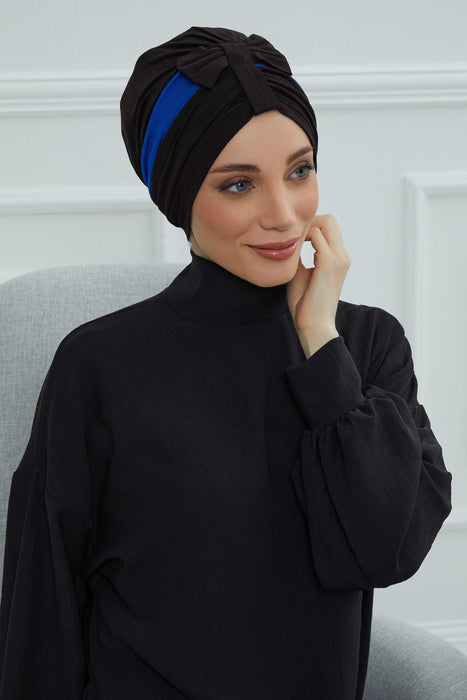 Pre-Tied Multicolor Instant Turban with Top Bowtie, Stylish Cotton Turban Hijab for Women, Stylish Double Colour Women Head Covering,B-77 Black - Sax Blue