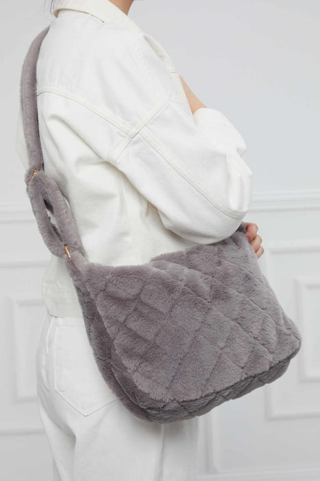 Fashionable Zippered Plush Shoulder Bag, Stylish and Comfortable Plush Fabric Women Bag, Soft Touch Lady Bag for Daily Use,CK-48 Grey
