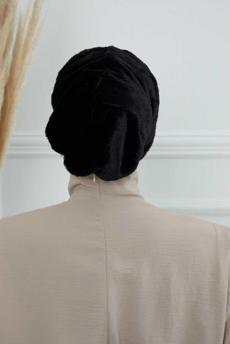 Velvety Plush Visor Turban for Women, Luxuriously Soft Handmade Instant Headwrap, Stylish Lightweight Plain Soft and Warm Visor Cap Hat,B-78 Black