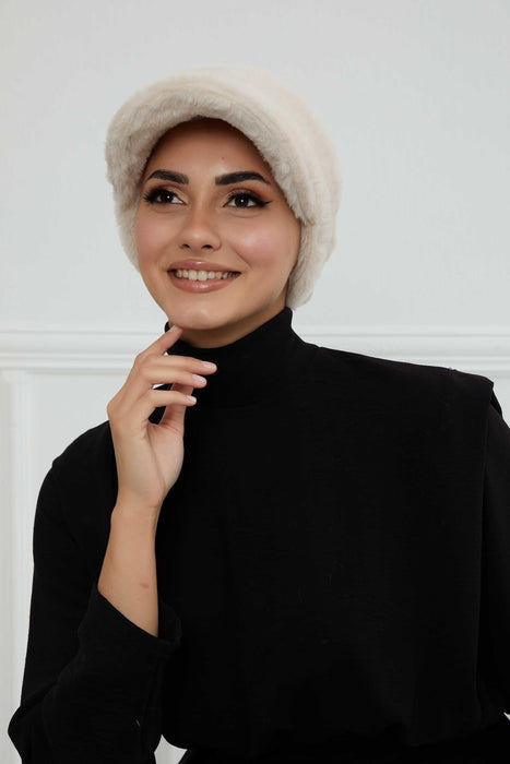 Velvety Plush Visor Turban for Women, Luxuriously Soft Handmade Instant Headwrap, Stylish Lightweight Plain Soft and Warm Visor Cap Hat,B-78 Beige