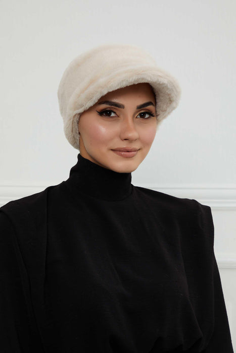 Velvety Plush Visor Turban for Women, Luxuriously Soft Handmade Instant Headwrap, Stylish Lightweight Plain Soft and Warm Visor Cap Hat,B-78 Beige