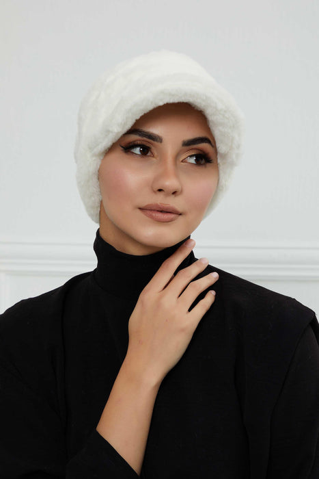 Velvety Plush Visor Turban for Women, Luxuriously Soft Handmade Instant Headwrap, Stylish Lightweight Plain Soft and Warm Visor Cap Hat,B-78