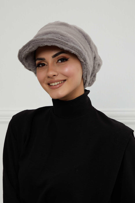 Velvety Plush Visor Turban for Women, Luxuriously Soft Handmade Instant Headwrap, Stylish Lightweight Plain Soft and Warm Visor Cap Hat,B-78 Grey