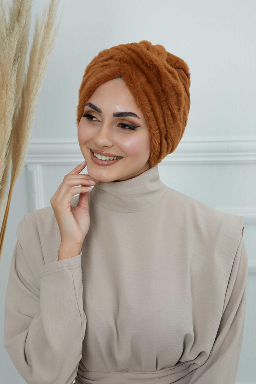 Comfy Fashionable Instant Turban for Women, Plush Pre-Tied Head Turban for Elegant Look, Easy Wrap Comfortable Plush Chemo Headwear,B-9PD Light Brown