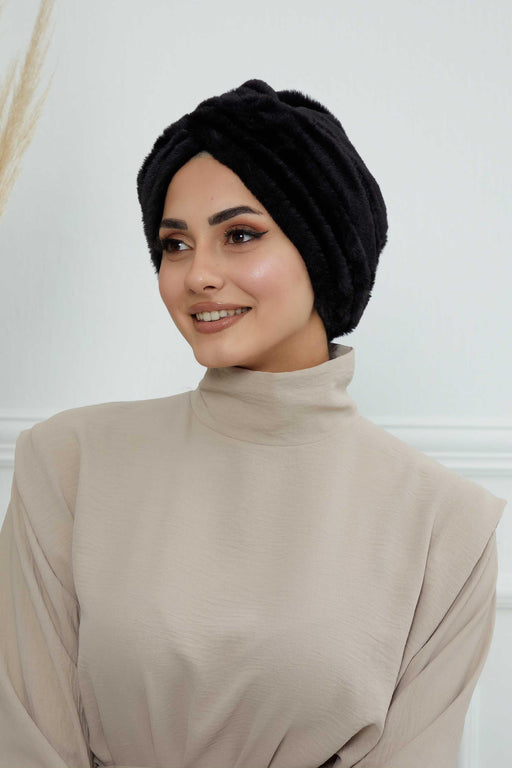 Comfy Fashionable Instant Turban for Women, Plush Pre-Tied Head Turban for Elegant Look, Easy Wrap Comfortable Plush Chemo Headwear,B-9PD Black