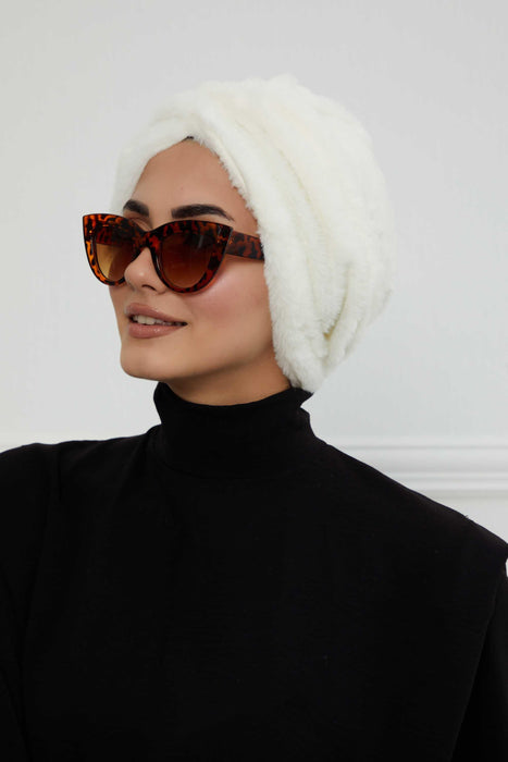 Comfy Fashionable Instant Turban for Women, Plush Pre-Tied Head Turban for Elegant Look, Easy Wrap Comfortable Plush Chemo Headwear,B-9PD Ivory