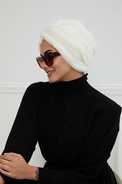 Comfy Fashionable Instant Turban for Women, Plush Pre-Tied Head Turban for Elegant Look, Easy Wrap Comfortable Plush Chemo Headwear,B-9PD Ivory