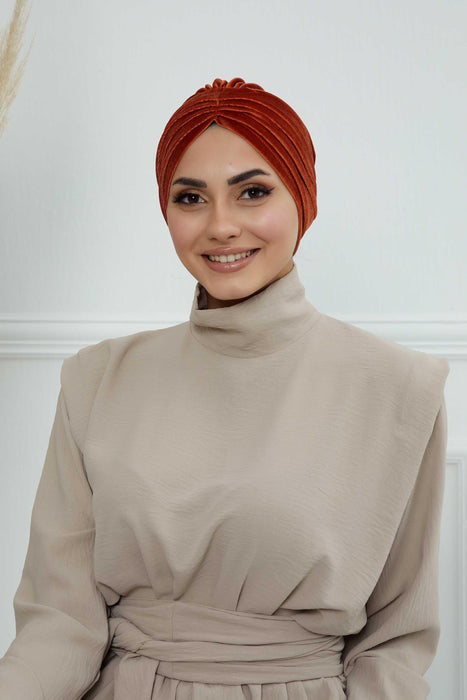 Velvet Shirred Instant Turban Headwrap, Soft Head Turban For Women Fashion Instant Turban Ready to Wear Pretied Chemo Headwear Hijab,B-13K Tile Red
