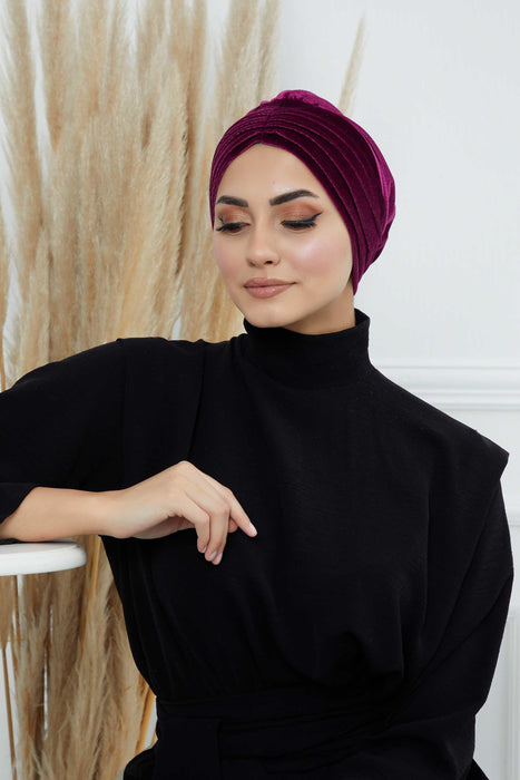 Velvet Shirred Instant Turban Headwrap, Soft Head Turban For Women Fashion Instant Turban Ready to Wear Pretied Chemo Headwear Hijab,B-13K Purple
