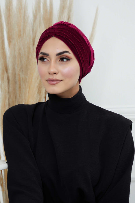 Velvet Shirred Instant Turban Headwrap, Soft Head Turban For Women Fashion Instant Turban Ready to Wear Pretied Chemo Headwear Hijab,B-13K Maroon